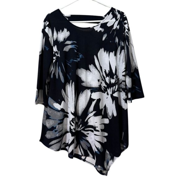Clara Sun Woo Women Size Large Tunic Top Asymmetrical Floral Stretch Artsy City - Picture 1 of 9